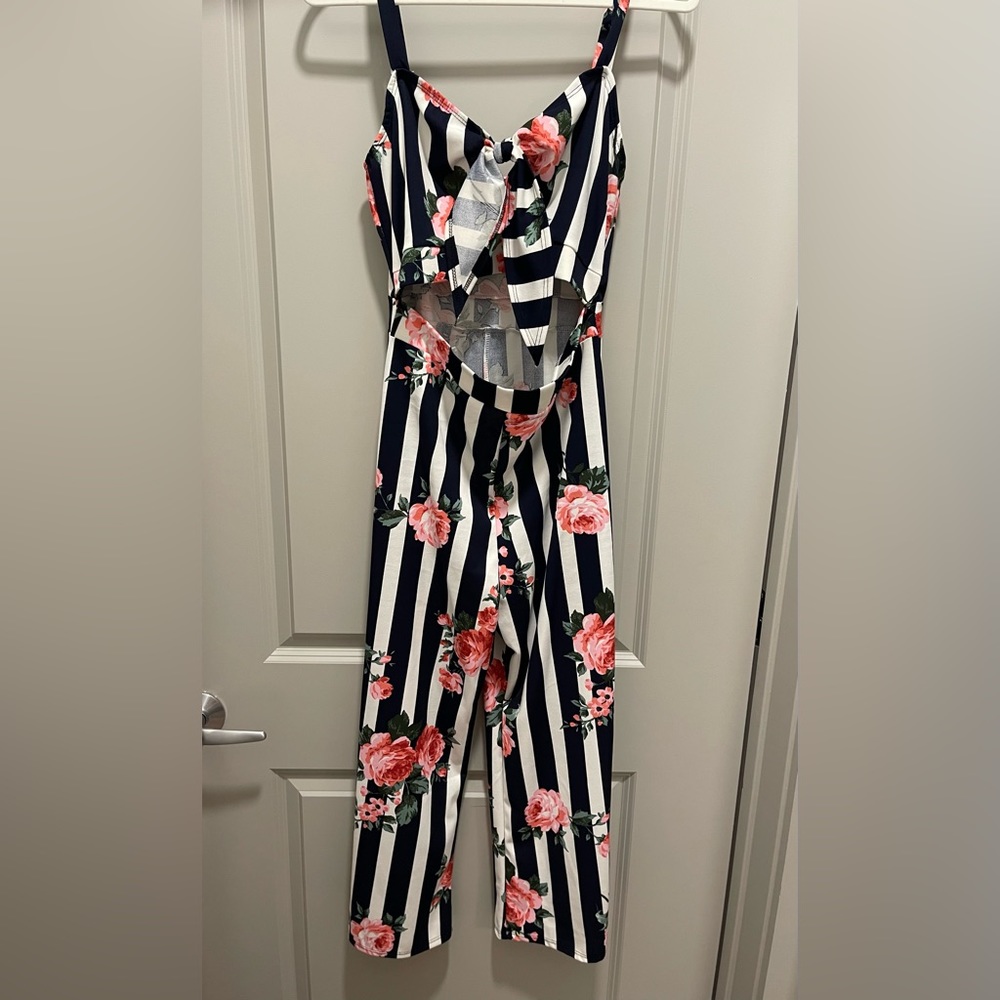 NWT navy and white striped jumpsuit with floral pattern